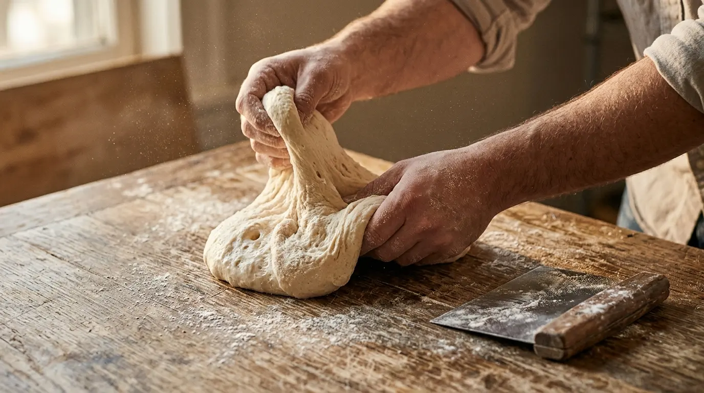 Floured hands stretching and folding soft dough on an oak table.