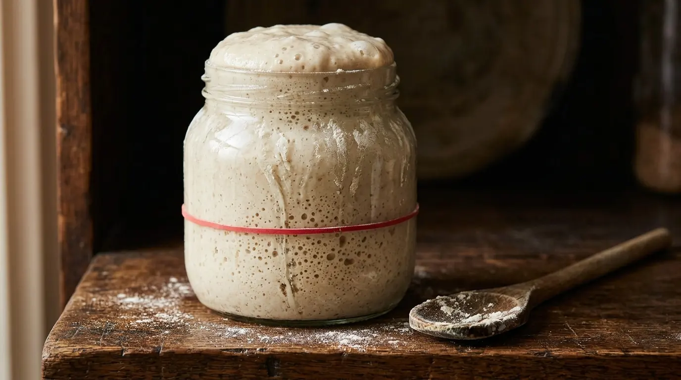 Glass jar of active, bubbling starter risen above a red elastic band marking its starting level.